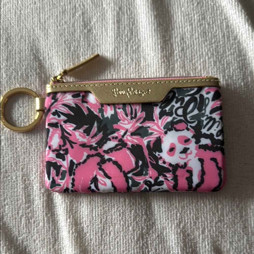 Lilly Pulitzer Pink and Black Pandamonium pattern keychain wallet